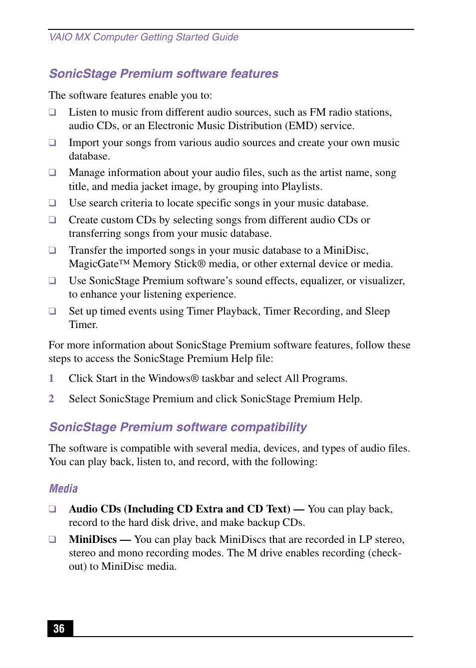 Sonicstage premium software features, Sonicstage premium software compatibility | Sony PCV-MXS10 User Manual | Page 36 / 105
