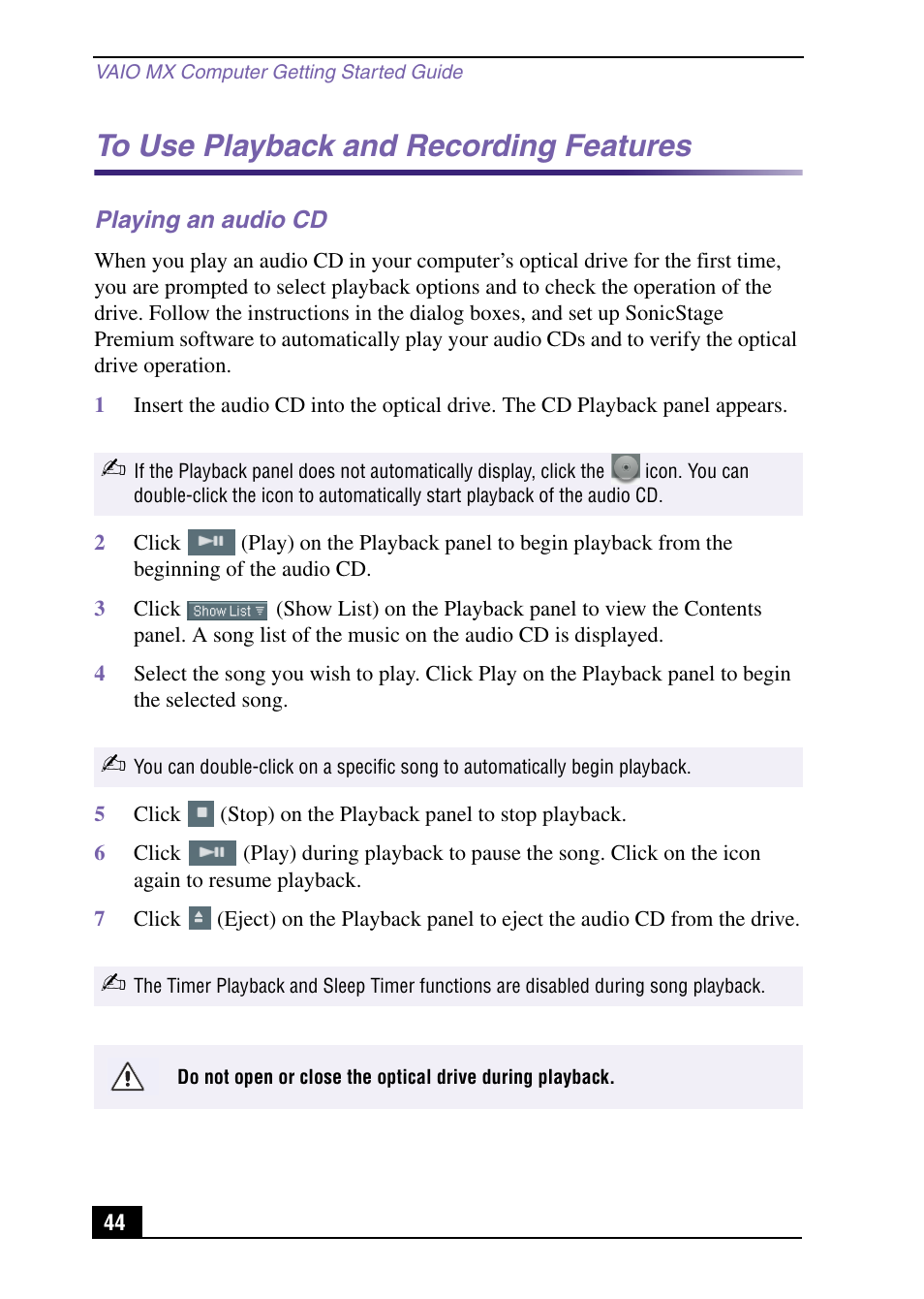 Playing an audio cd, To use playback and recording features | Sony PCV-MXS10 User Manual | Page 44 / 105
