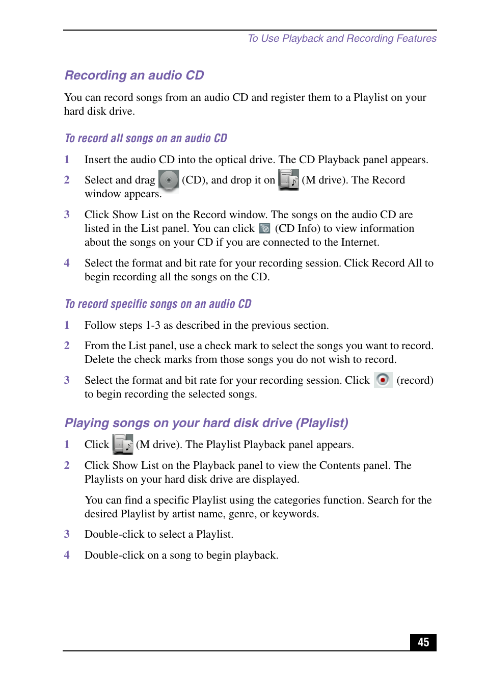 Recording an audio cd, Playing songs on your hard disk drive (playlist) | Sony PCV-MXS10 User Manual | Page 45 / 105