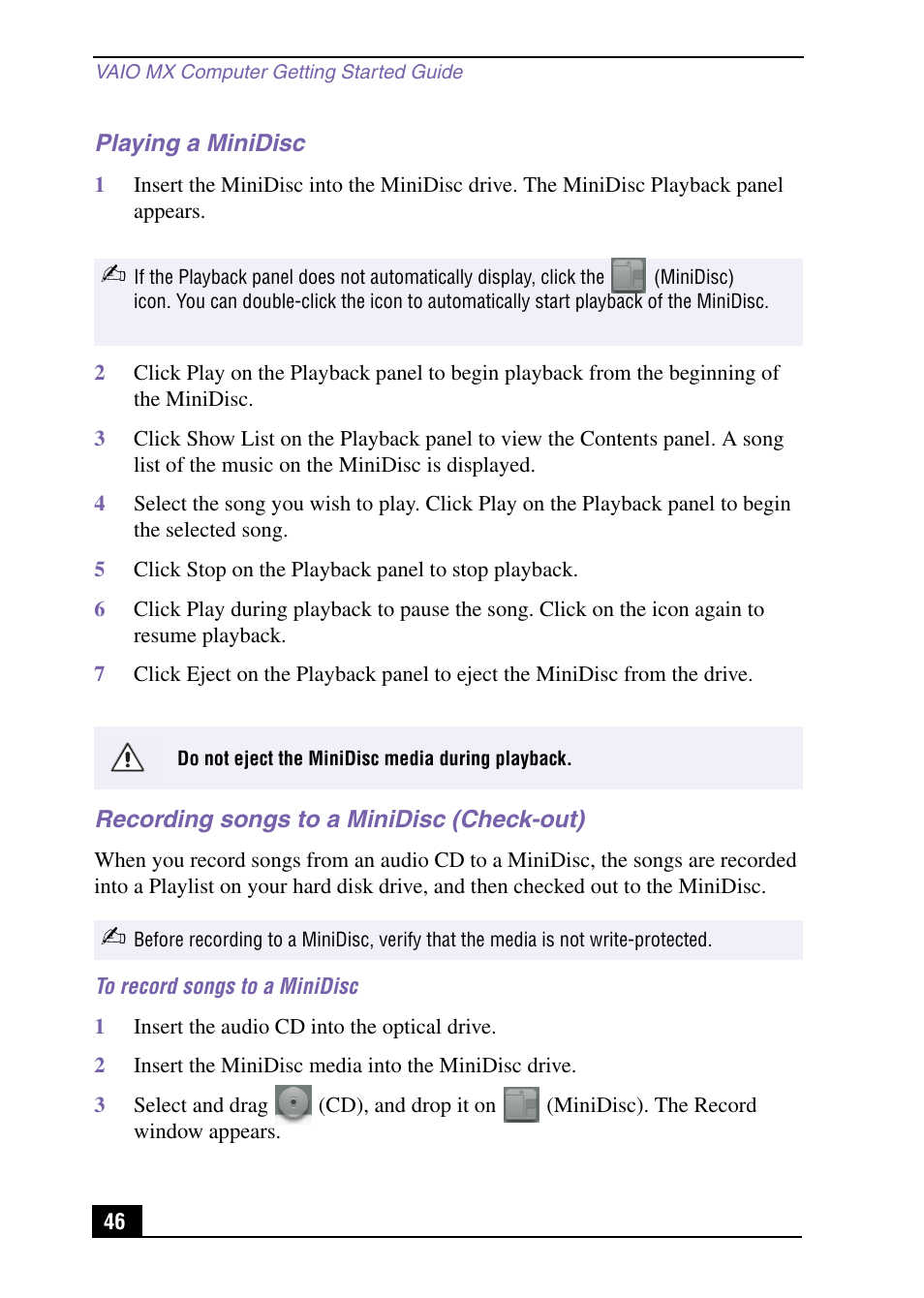 Playing a minidisc, Recording songs to a minidisc (check-out) | Sony PCV-MXS10 User Manual | Page 46 / 105