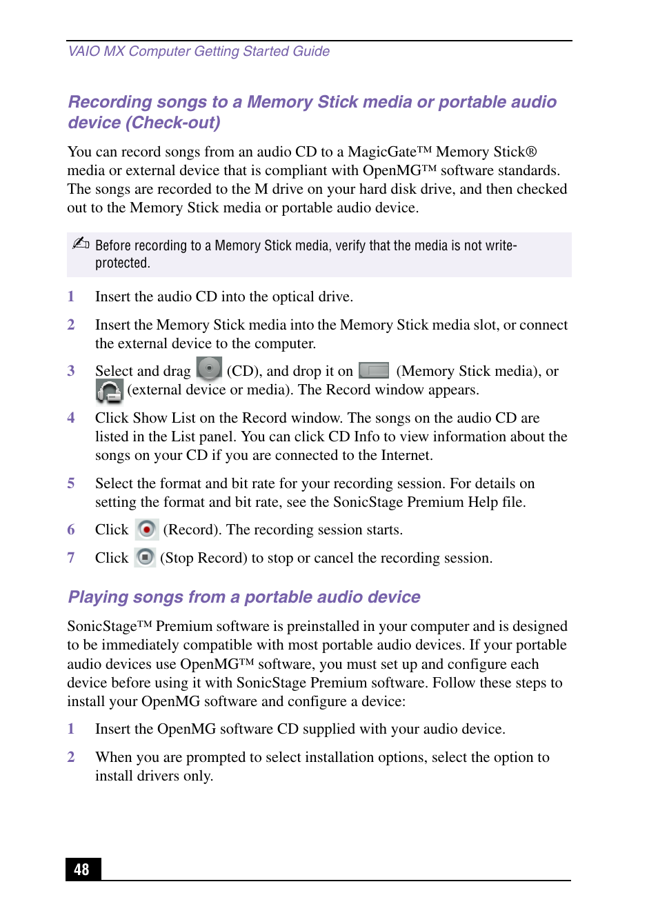 Playing songs from a portable audio device | Sony PCV-MXS10 User Manual | Page 48 / 105