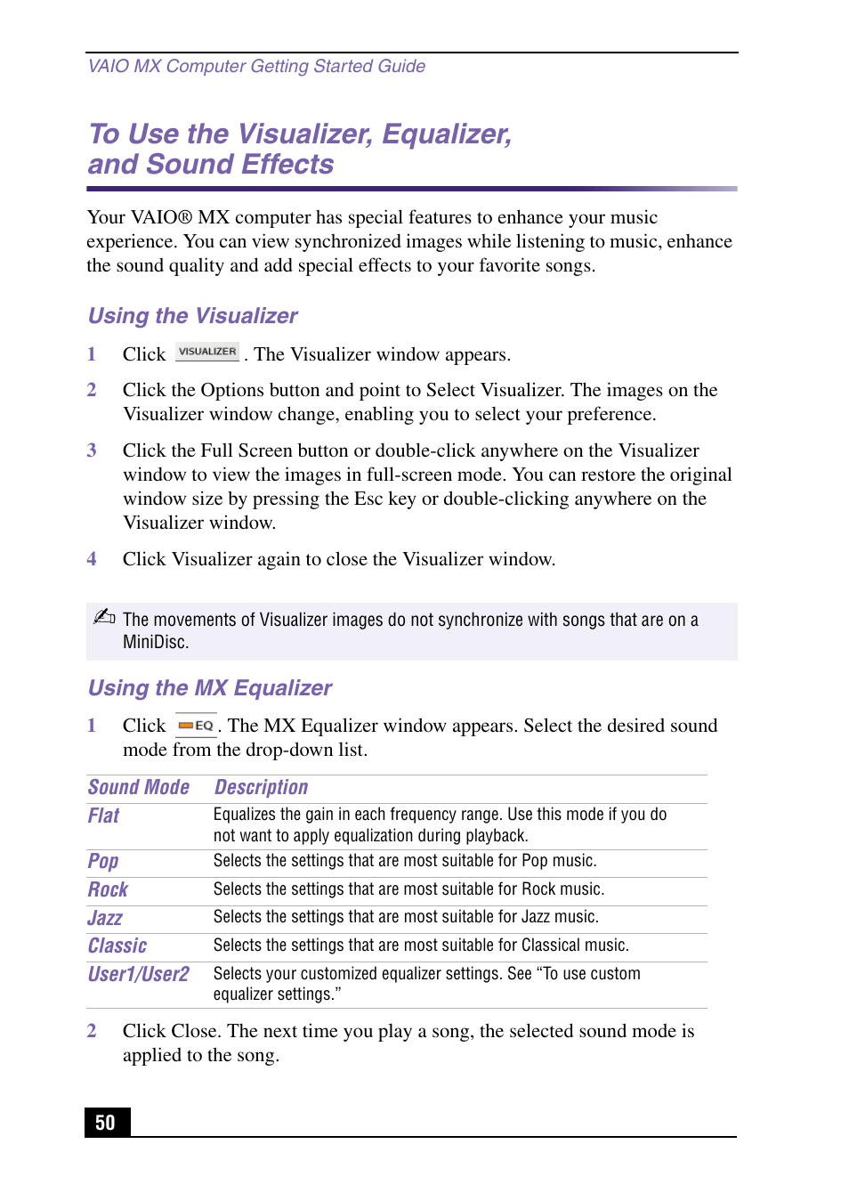 Using the visualizer, Using the mx equalizer | Sony PCV-MXS10 User Manual | Page 50 / 105