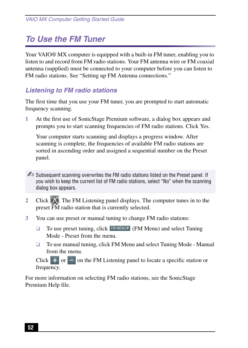 Listening to fm radio stations, To use the fm tuner | Sony PCV-MXS10 User Manual | Page 52 / 105