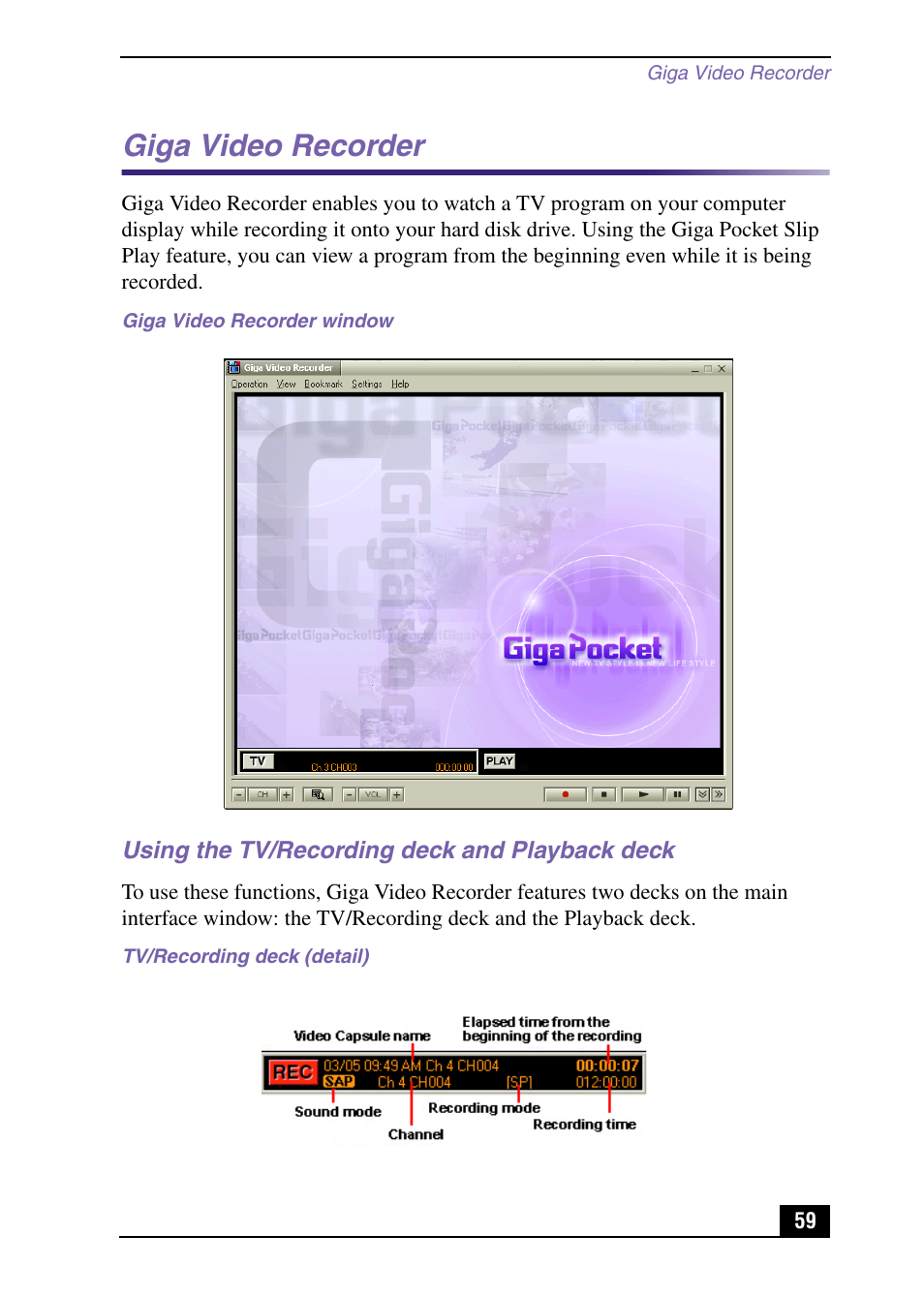 Using the tv/recording deck and playback deck, Giga video recorder | Sony PCV-MXS10 User Manual | Page 59 / 105