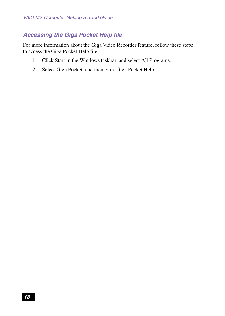 Accessing the giga pocket help file | Sony PCV-MXS10 User Manual | Page 62 / 105