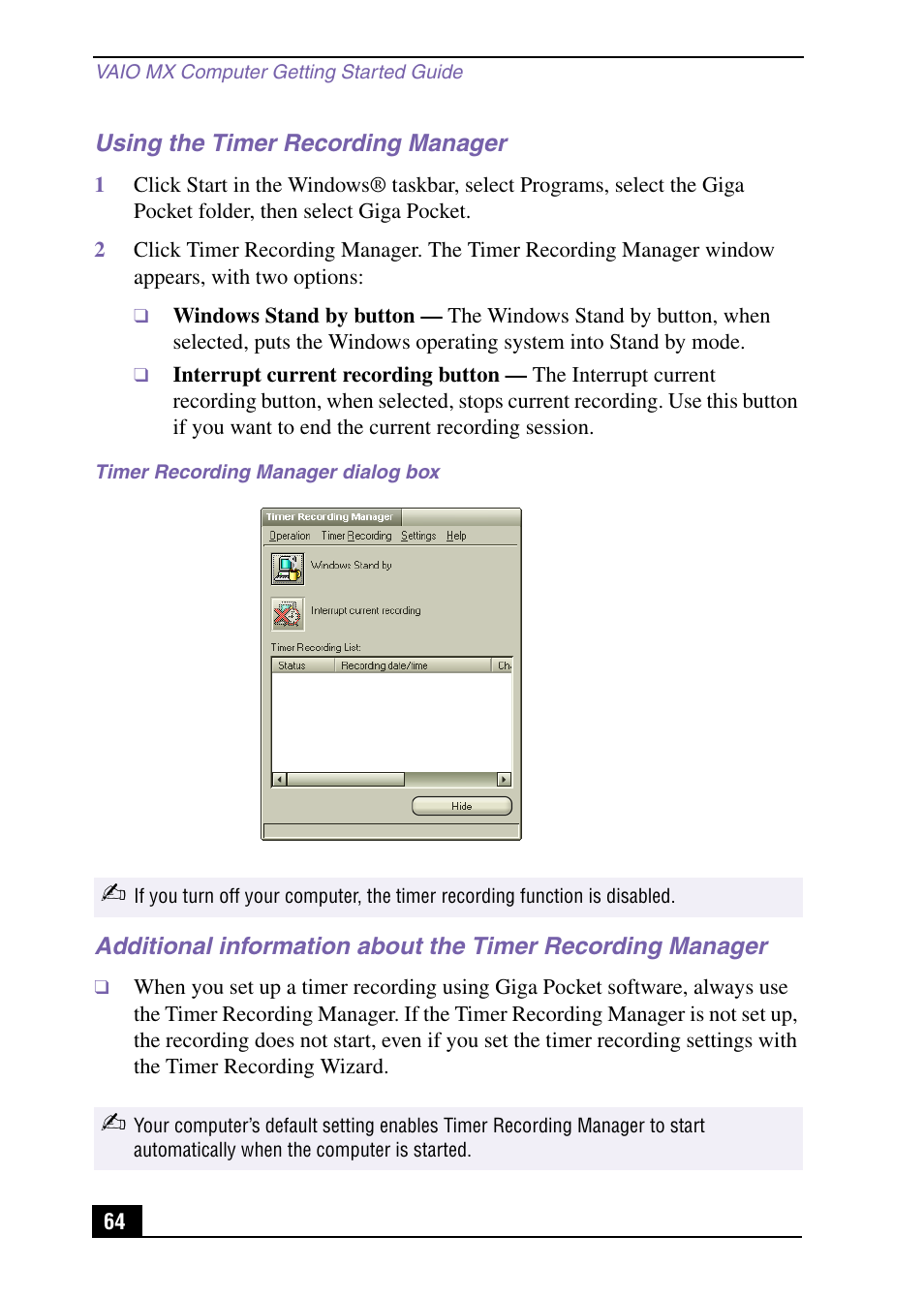 Using the timer recording manager | Sony PCV-MXS10 User Manual | Page 64 / 105
