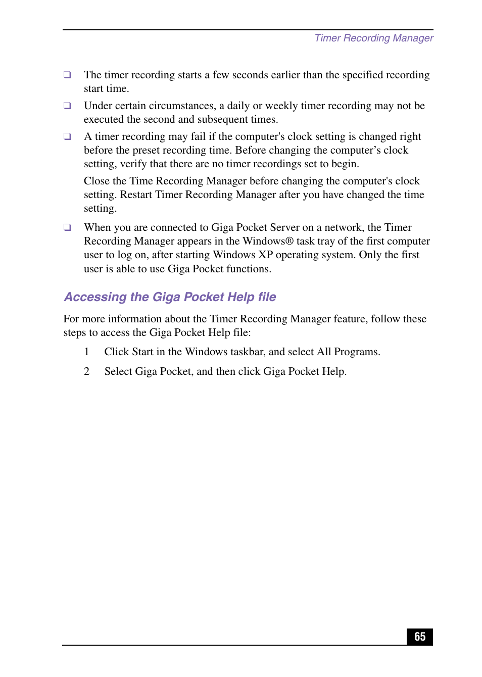 Accessing the giga pocket help file | Sony PCV-MXS10 User Manual | Page 65 / 105