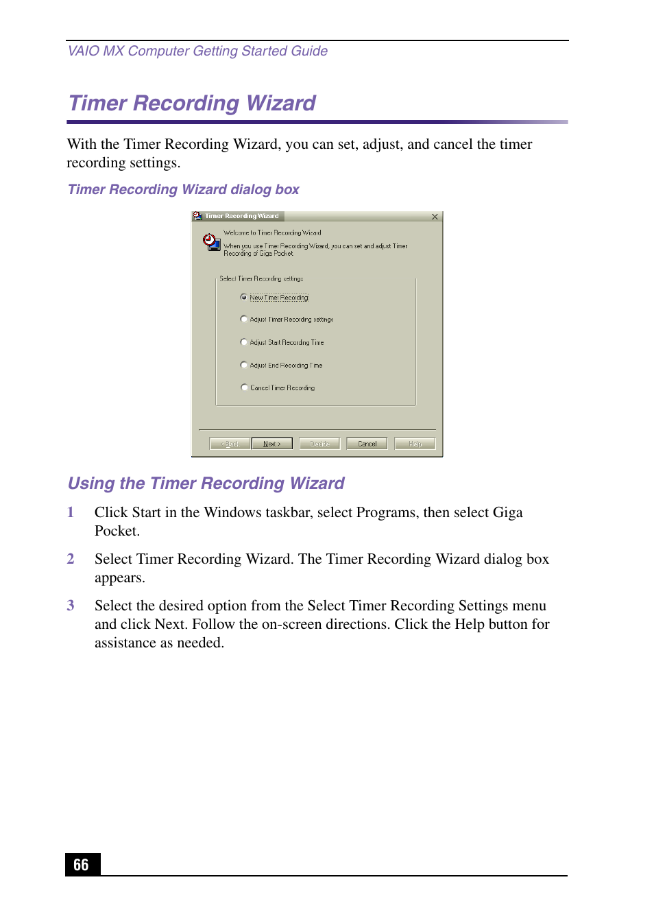 Using the timer recording wizard, Timer recording wizard | Sony PCV-MXS10 User Manual | Page 66 / 105