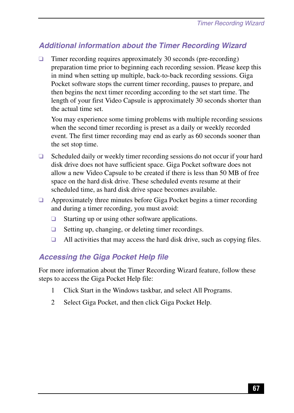 Accessing the giga pocket help file | Sony PCV-MXS10 User Manual | Page 67 / 105