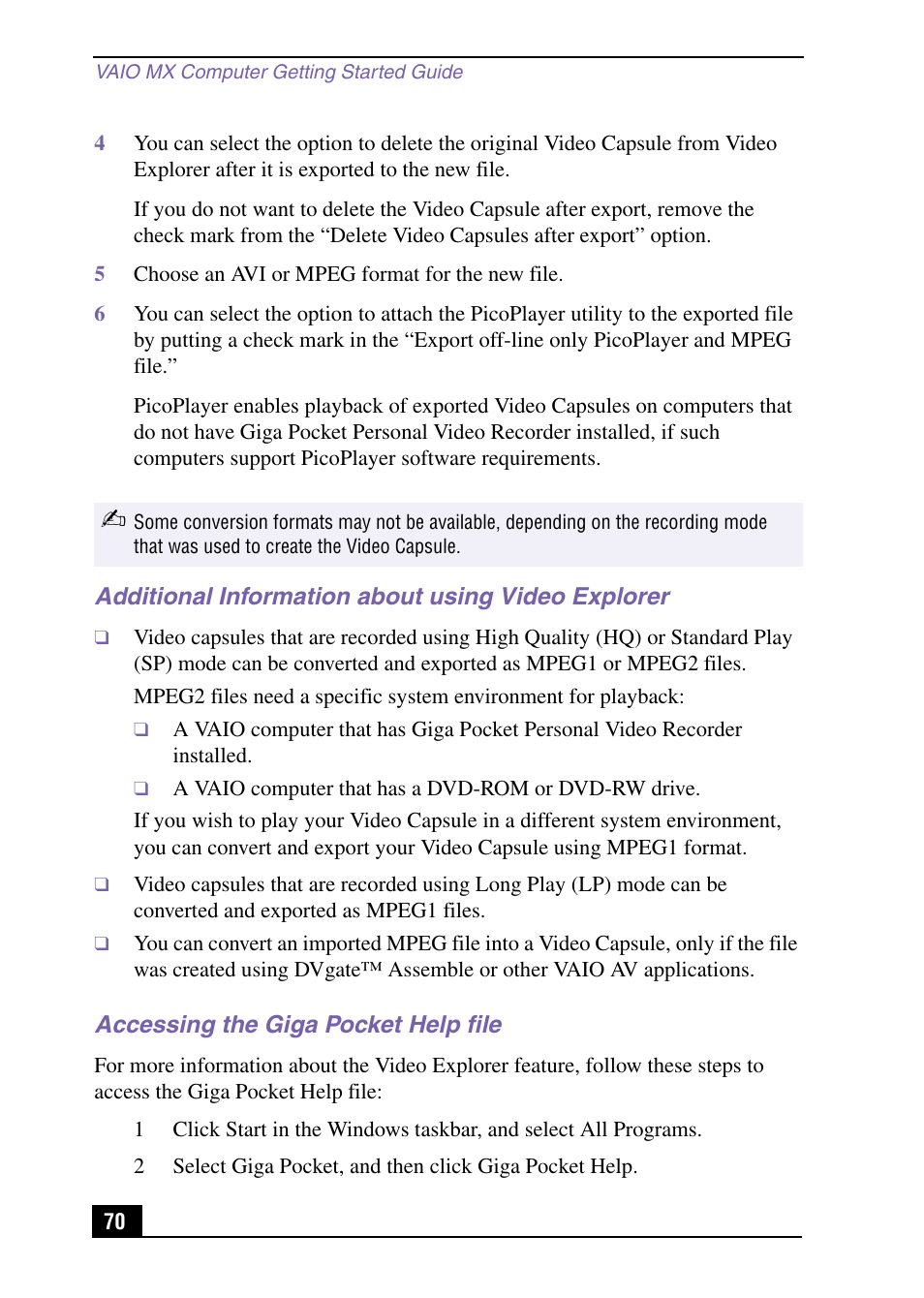 Additional information about using video explorer, Accessing the giga pocket help file | Sony PCV-MXS10 User Manual | Page 70 / 105