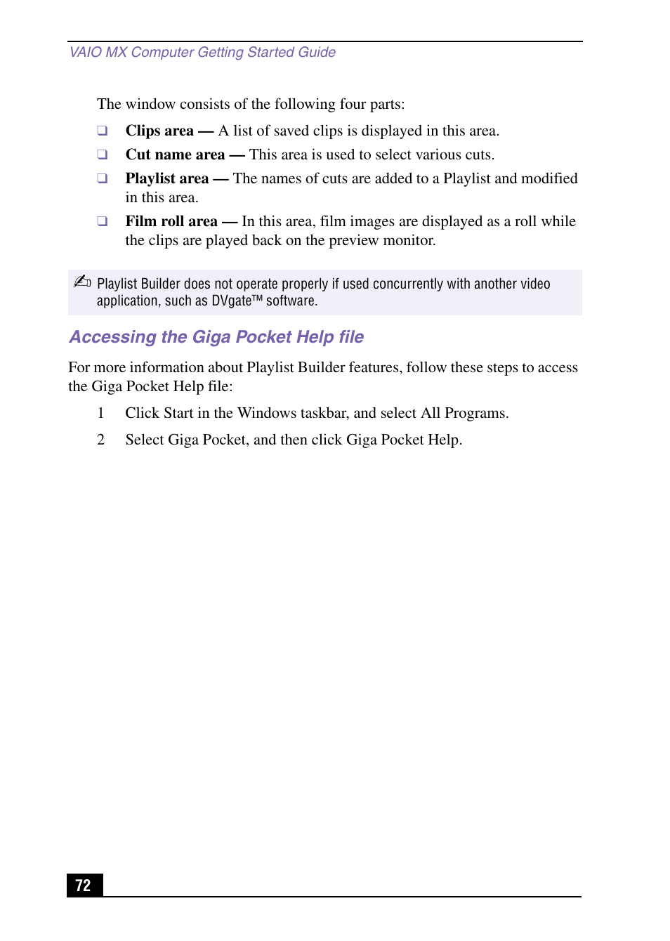 Accessing the giga pocket help file | Sony PCV-MXS10 User Manual | Page 72 / 105