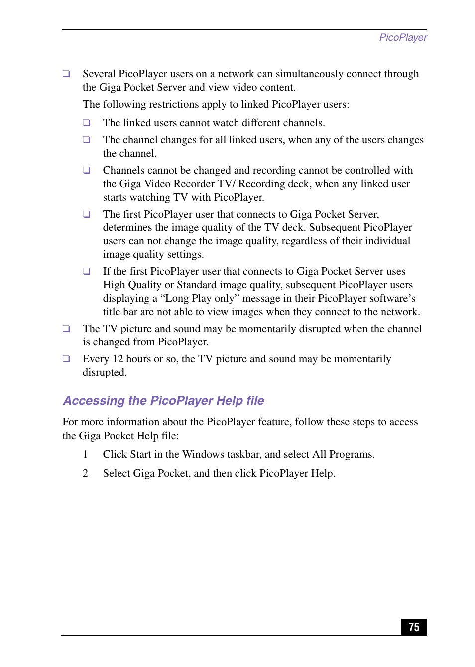 Accessing the picoplayer help file | Sony PCV-MXS10 User Manual | Page 75 / 105