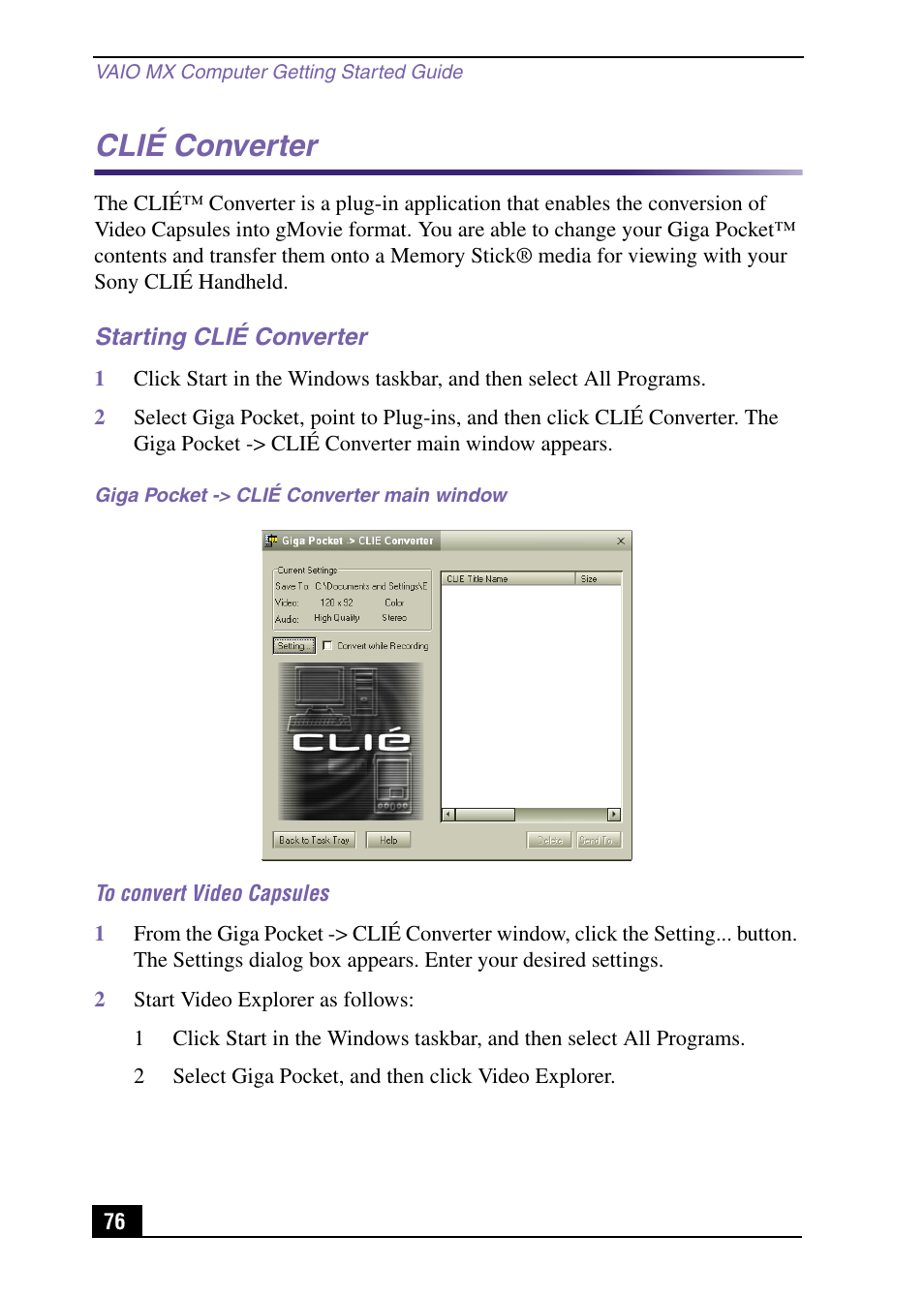 Starting clié converter, Clié converter | Sony PCV-MXS10 User Manual | Page 76 / 105