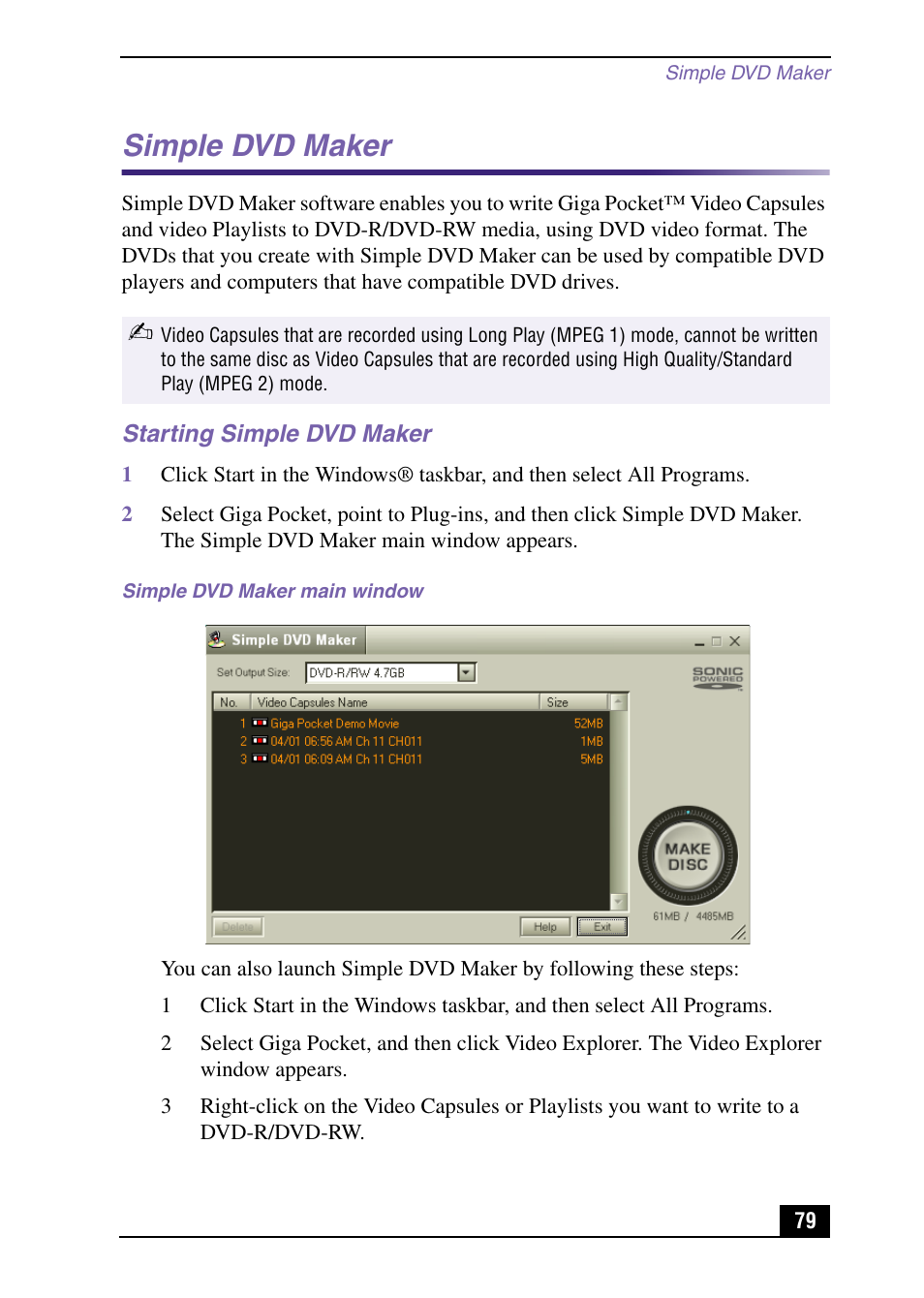 Starting simple dvd maker, Simple dvd maker | Sony PCV-MXS10 User Manual | Page 79 / 105