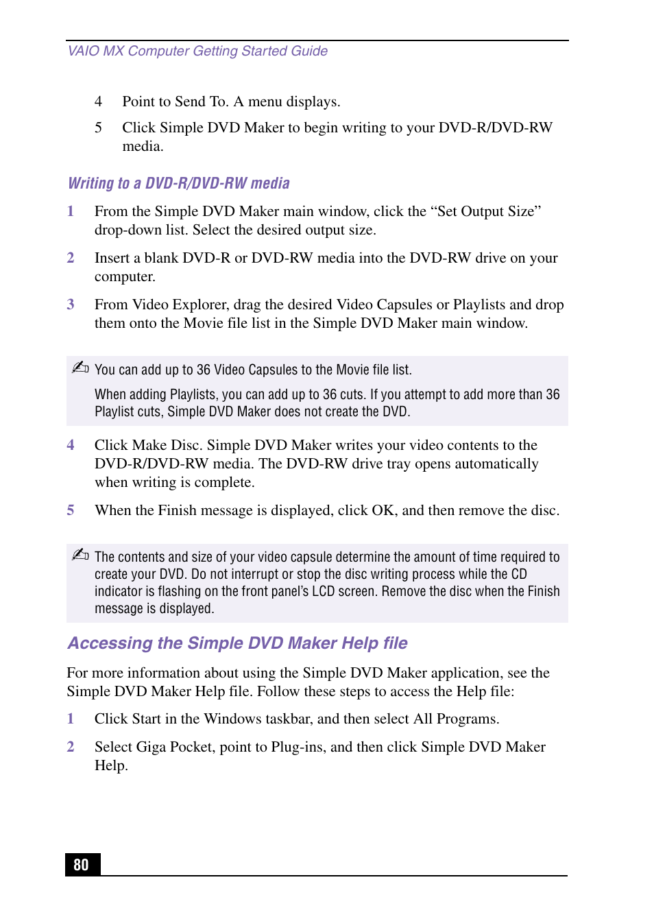 Accessing the simple dvd maker help file | Sony PCV-MXS10 User Manual | Page 80 / 105