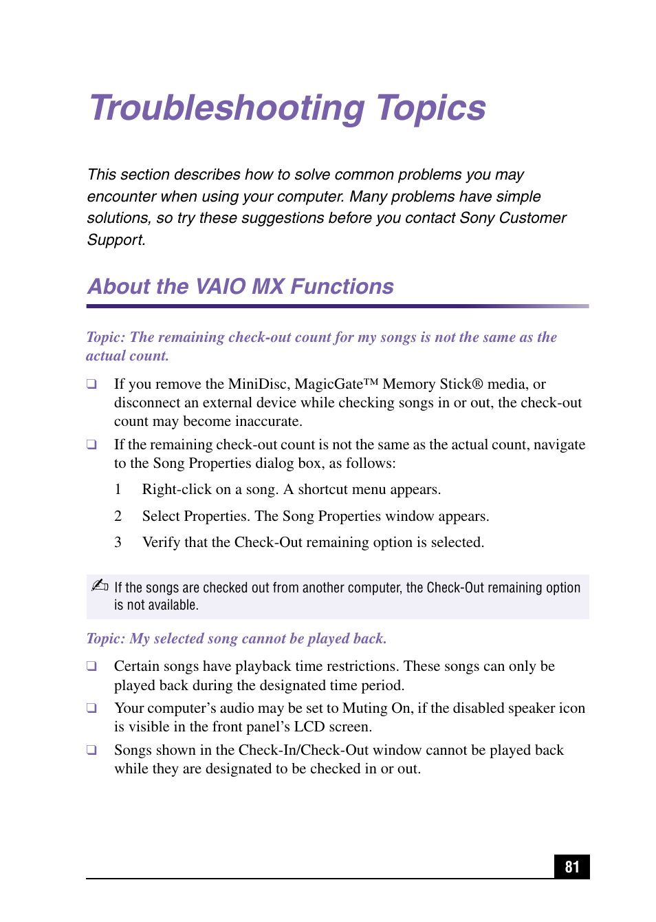 Troubleshooting topics, About the vaio mx functions | Sony PCV-MXS10 User Manual | Page 81 / 105