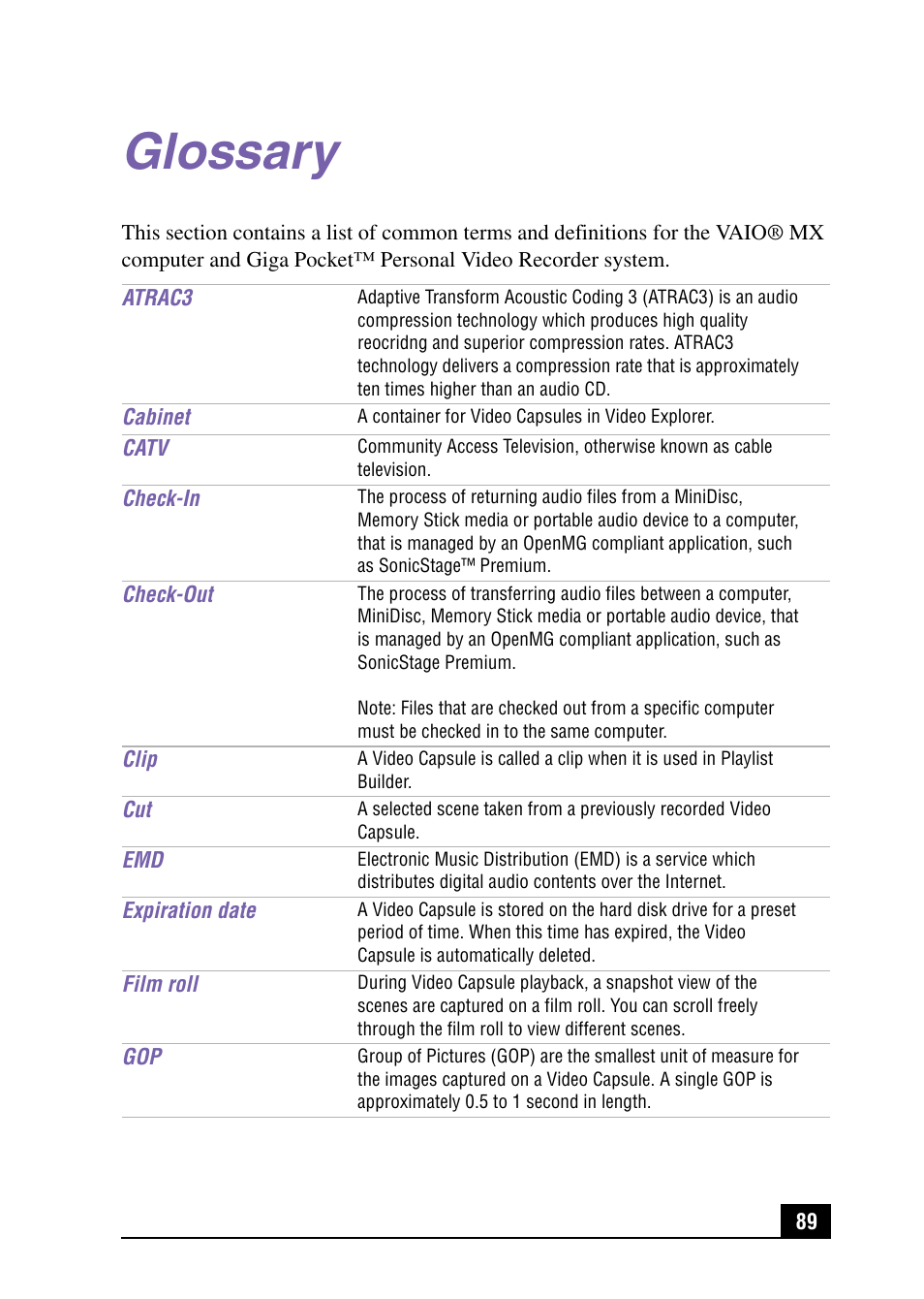 Glossary | Sony PCV-MXS10 User Manual | Page 89 / 105