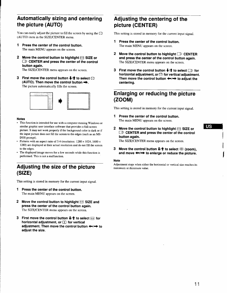 Adjusting the size of the picture (size), Adjusting the centering of the picture (center), Enlarging or reducing the picture (zoom) | Sony CPD-G500 User Manual | Page 11 / 76