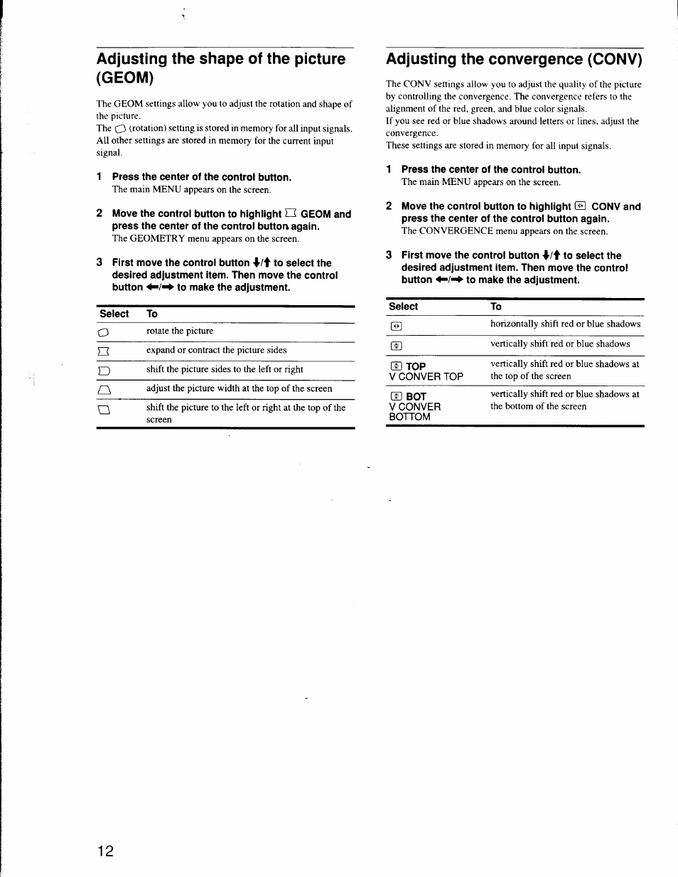 Adjusting the shape of the picture (geom), Adjusting the convergence (conv) | Sony CPD-G500 User Manual | Page 12 / 76