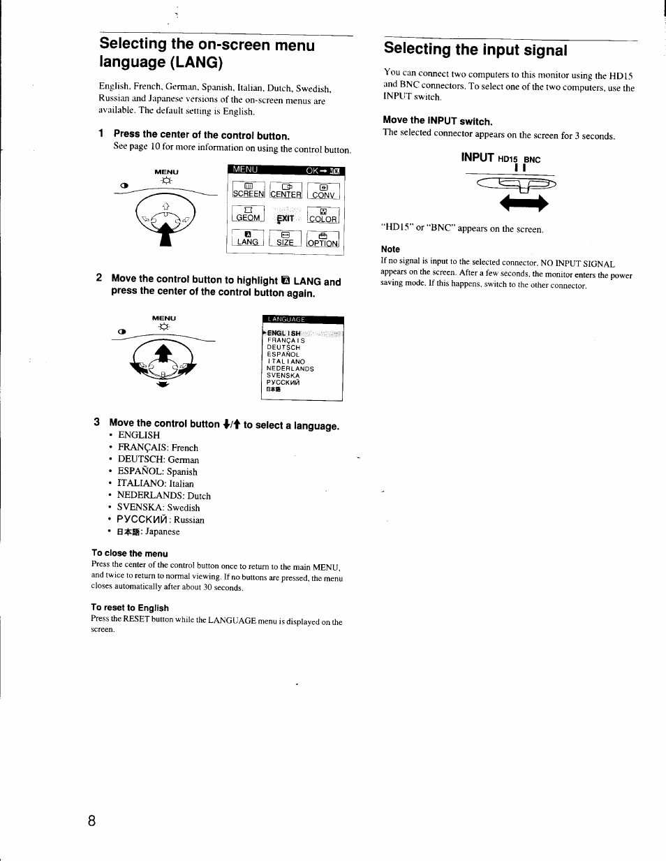 Selecting the on-screen menu language (lang), 1 press the center of the control button, Selecting the input signal | Move the input switch, Input hd15 bnc i i, 3 move the control button to select a language | Sony CPD-G500 User Manual | Page 8 / 76
