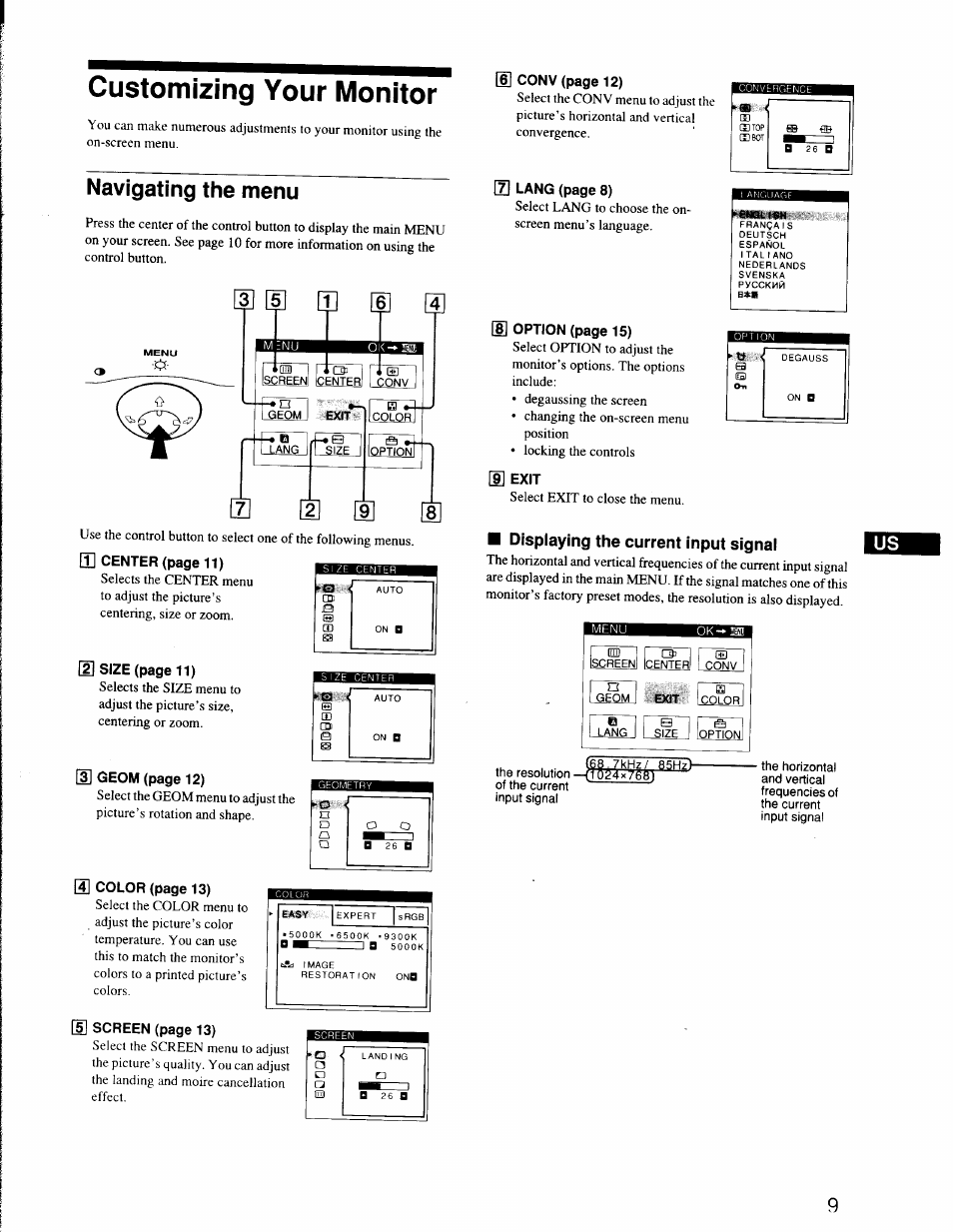 Customizing your monitor, Navigating the menu, Is exit | Displaying the current input signal | Sony CPD-G500 User Manual | Page 9 / 76
