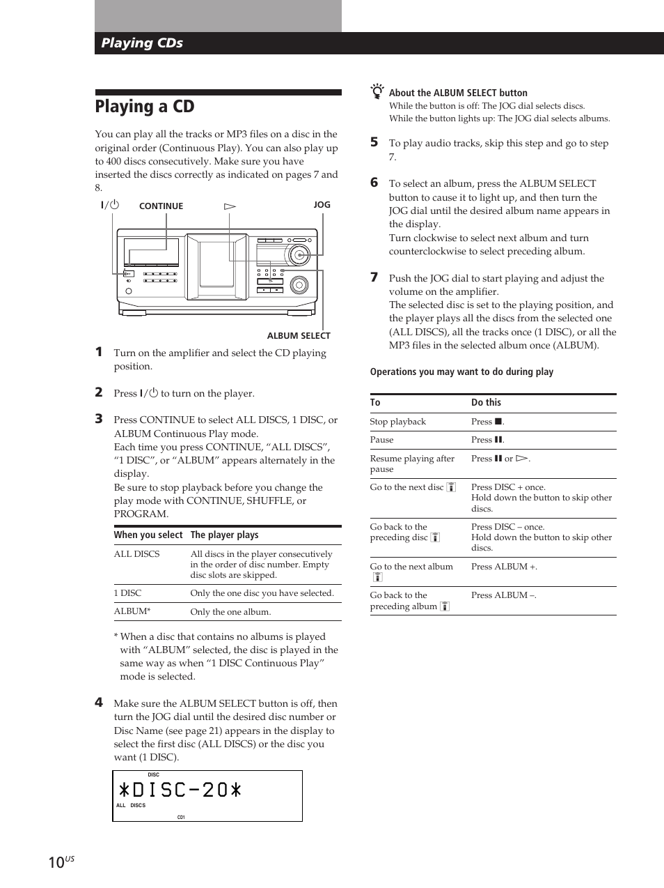 Playing cds, Playing a cd | Sony CDP-M400CS User Manual | Page 10 / 36