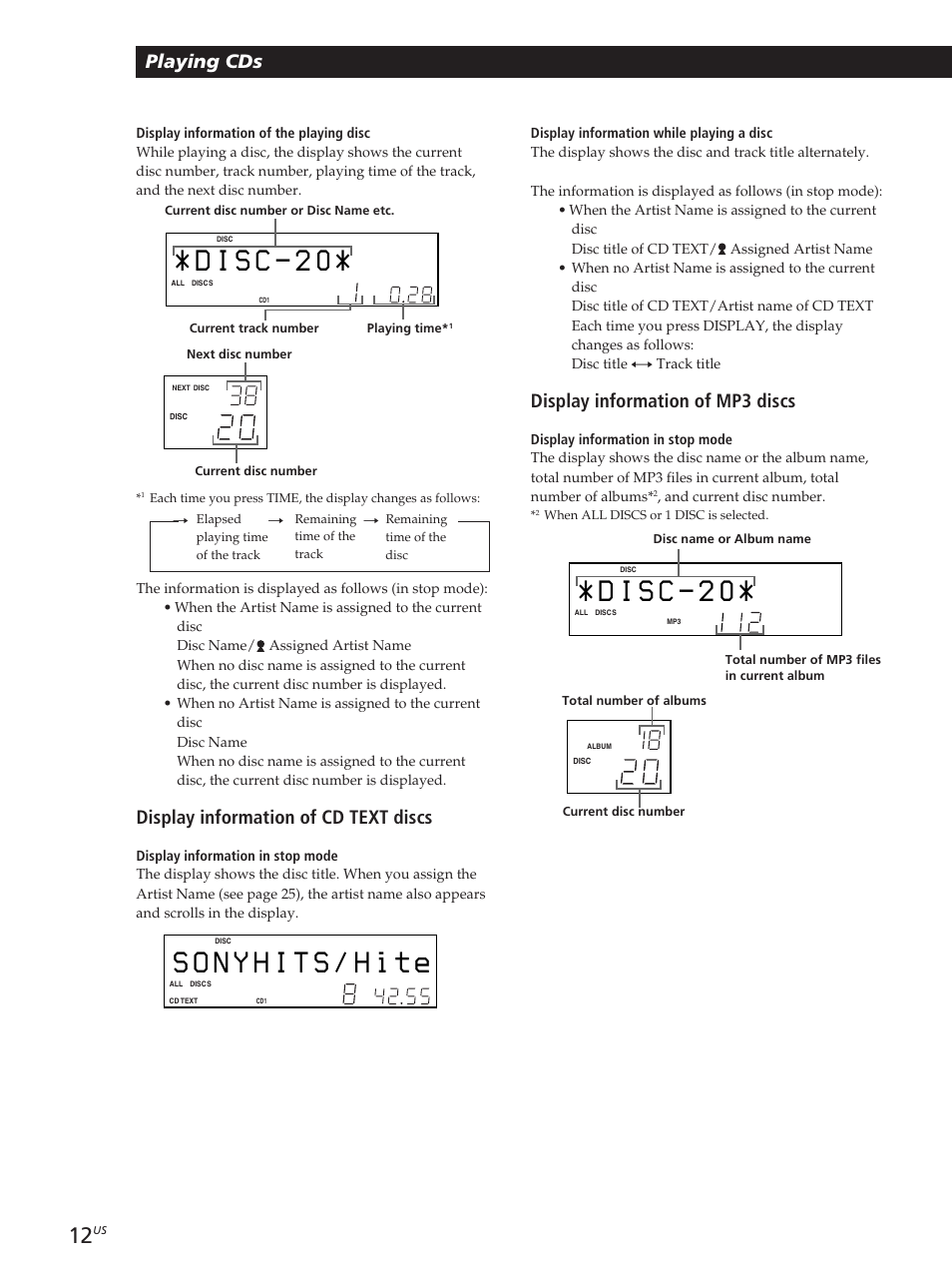 Playing cds, Display information of mp3 discs, Display information of cd text discs | Sony CDP-M400CS User Manual | Page 12 / 36