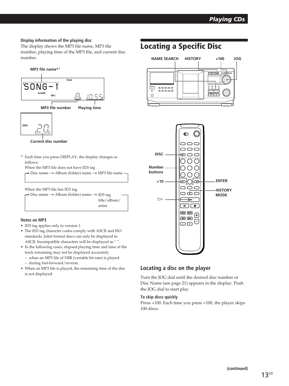 Locating a specific disc, Playing cds, Locating a disc on the player | Sony CDP-M400CS User Manual | Page 13 / 36