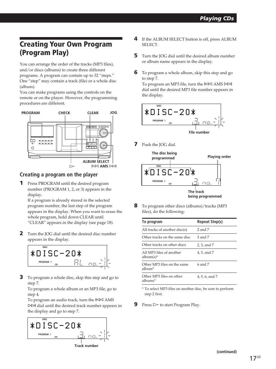 Creating your own program (program play), Playing cds, Creating a program on the player 1 | Sony CDP-M400CS User Manual | Page 17 / 36