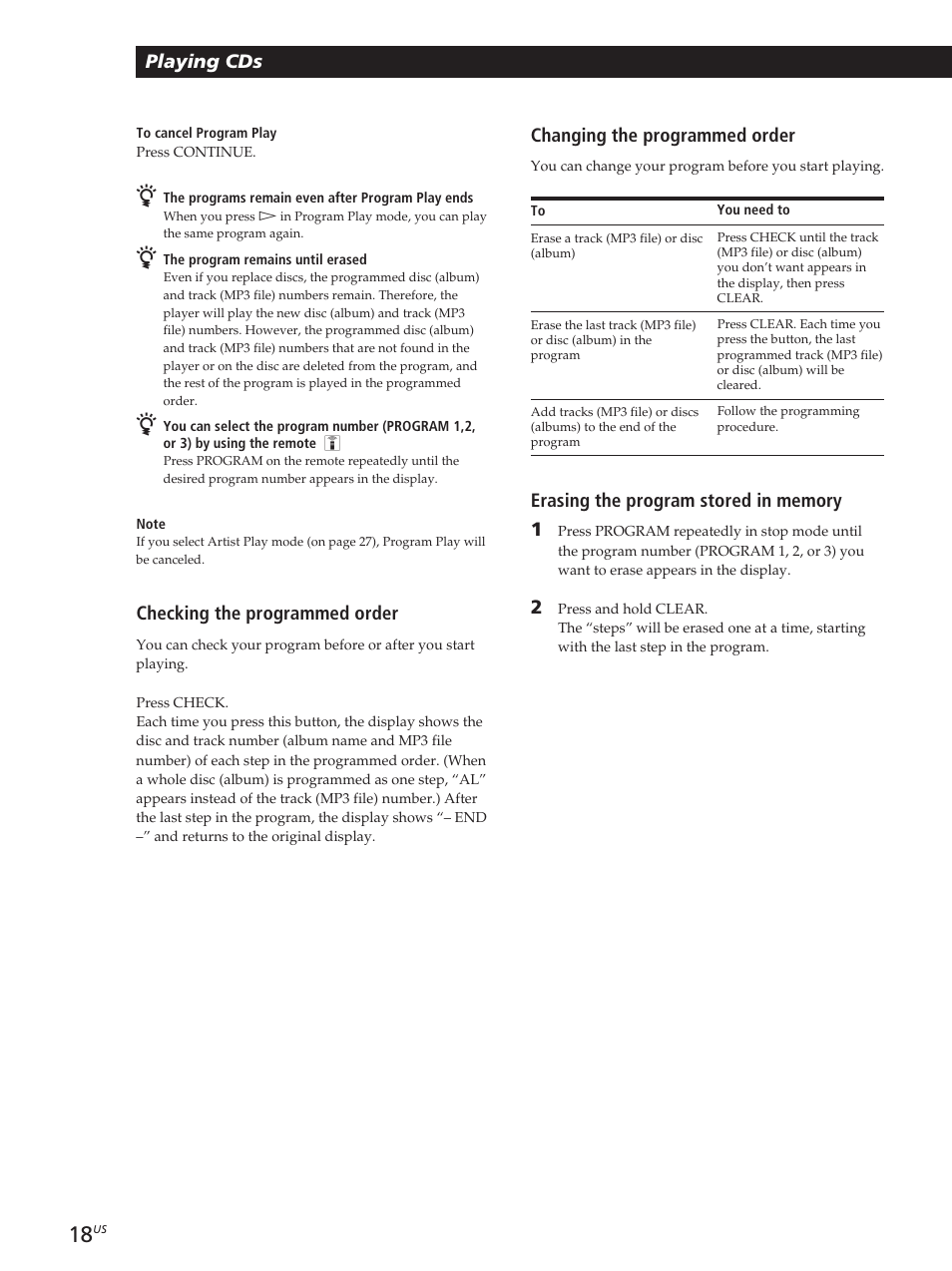 Playing cds, Changing the programmed order, Checking the programmed order | Sony CDP-M400CS User Manual | Page 18 / 36