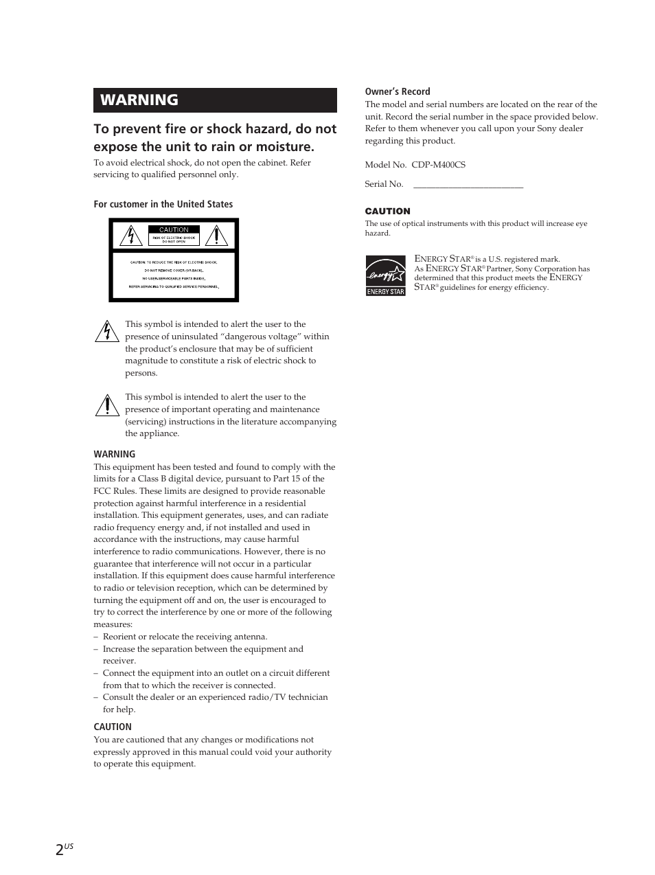 Warning | Sony CDP-M400CS User Manual | Page 2 / 36