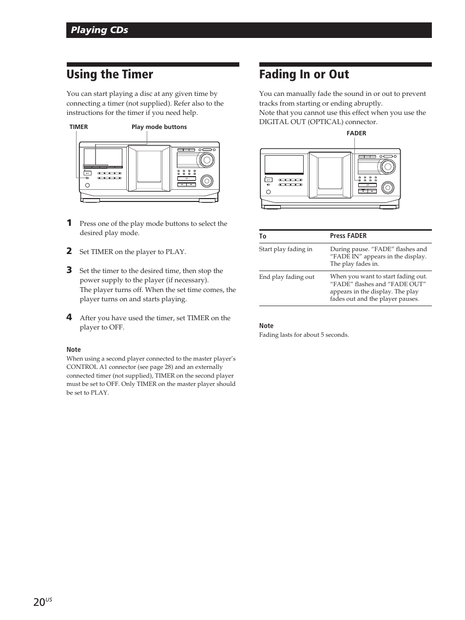 Using the timer, Fading in or out, Using the timer fading in or out | Playing cds | Sony CDP-M400CS User Manual | Page 20 / 36