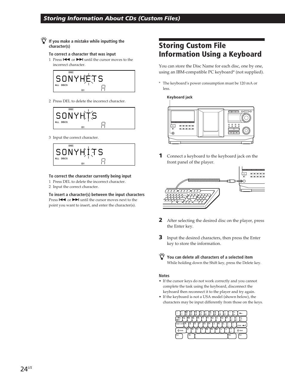 Storing custom file information using a keyboard, Storing information about cds (custom files), You can delete all characters of a selected item | Sony CDP-M400CS User Manual | Page 24 / 36