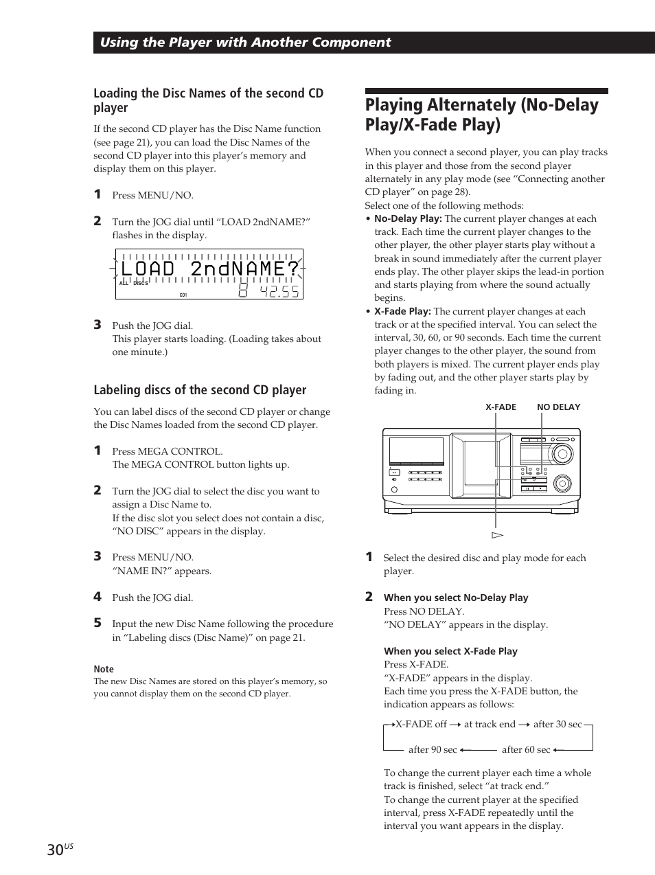 Playing alternately (no-delay play/x-fade play), Using the player with another component, Loading the disc names of the second cd player | Labeling discs of the second cd player | Sony CDP-M400CS User Manual | Page 30 / 36
