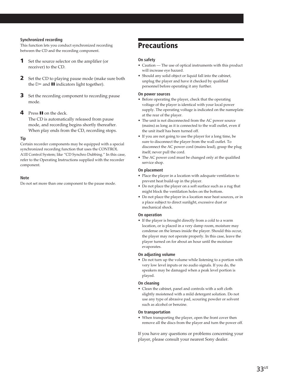 Precautions, Additional information | Sony CDP-M400CS User Manual | Page 33 / 36