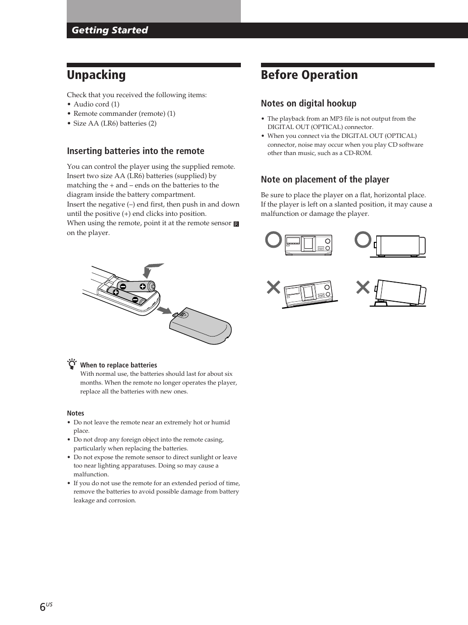Getting started, Unpacking, Before operation | Unpacking before operation, Inserting batteries into the remote | Sony CDP-M400CS User Manual | Page 6 / 36