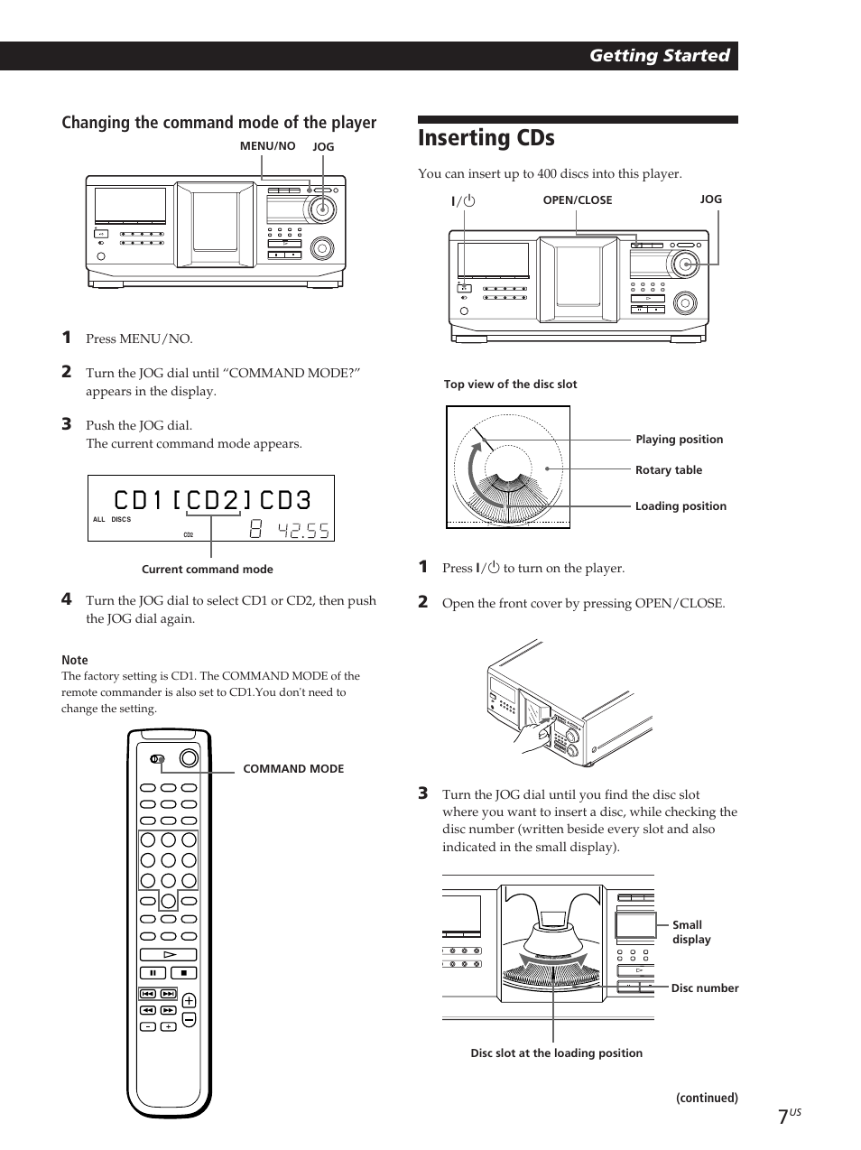 Inserting cds, C d 1 [ c d ] c 2 d 3, Getting started | Changing the command mode of the player 1 | Sony CDP-M400CS User Manual | Page 7 / 36