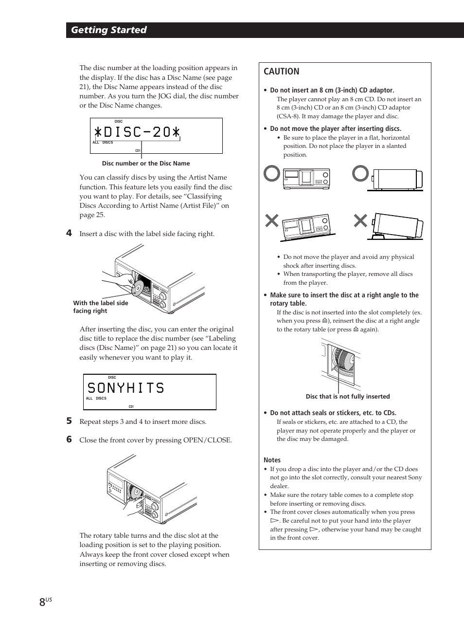 Getting started, Caution | Sony CDP-M400CS User Manual | Page 8 / 36