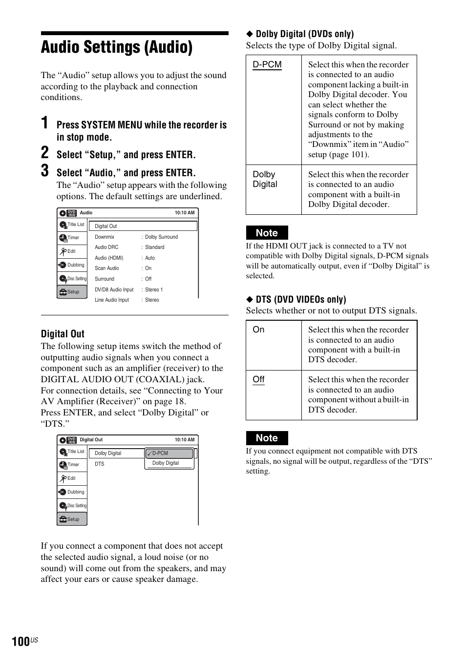 Audio settings (audio), Select “setup,” and press enter, Select “audio,” and press enter | Digital out | Sony RDR-VX535 User Manual | Page 100 / 160