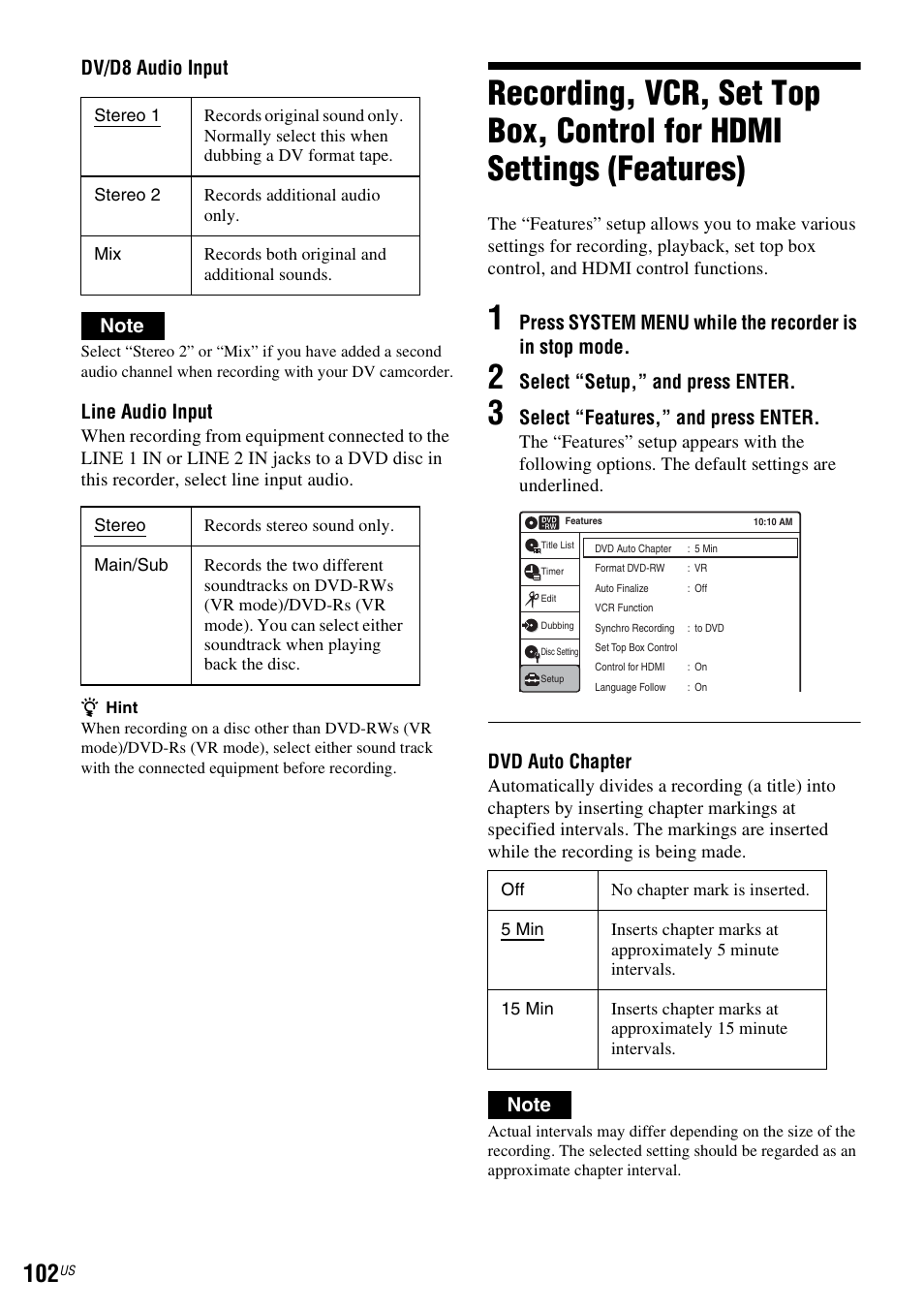 Line audio input, Select “setup,” and press enter, Select “features,” and press enter | Dvd auto chapter | Sony RDR-VX535 User Manual | Page 102 / 160