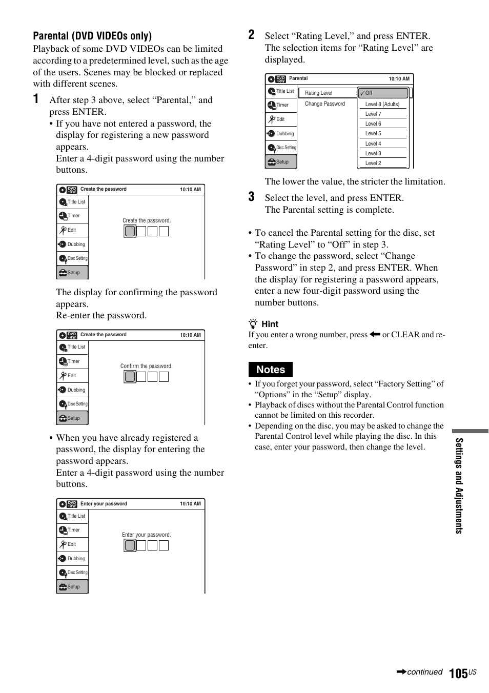 Parental (dvd videos only) | Sony RDR-VX535 User Manual | Page 105 / 160