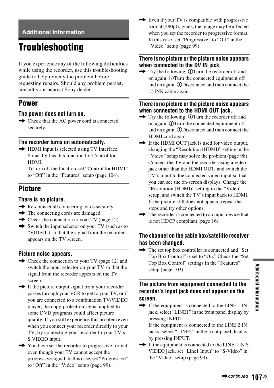 Additional information, Troubleshooting, Power | Picture | Sony RDR-VX535 User Manual | Page 107 / 160