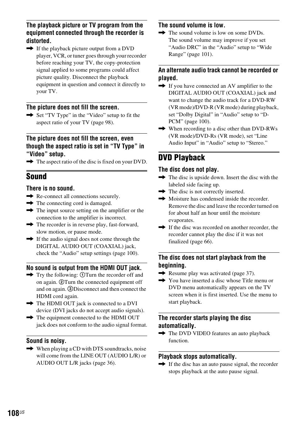 Sound, Dvd playback | Sony RDR-VX535 User Manual | Page 108 / 160