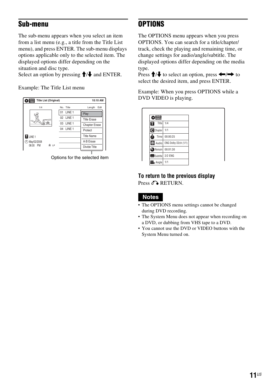 Sub-menu, Options, Press o return | Sony RDR-VX535 User Manual | Page 11 / 160