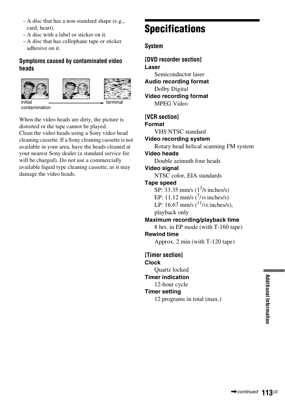 Specifications | Sony RDR-VX535 User Manual | Page 113 / 160