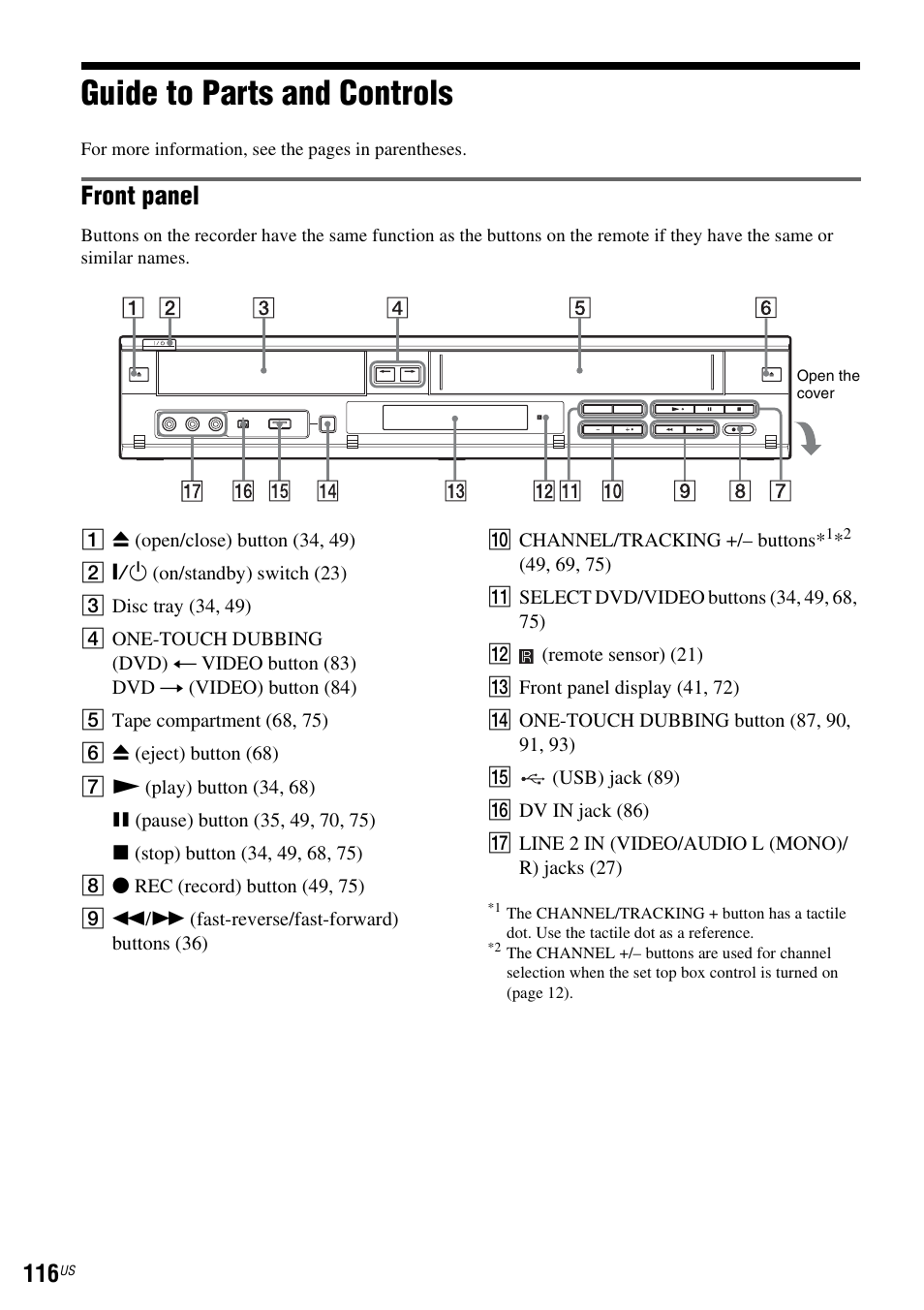 Guide to parts and controls, Front panel | Sony RDR-VX535 User Manual | Page 116 / 160