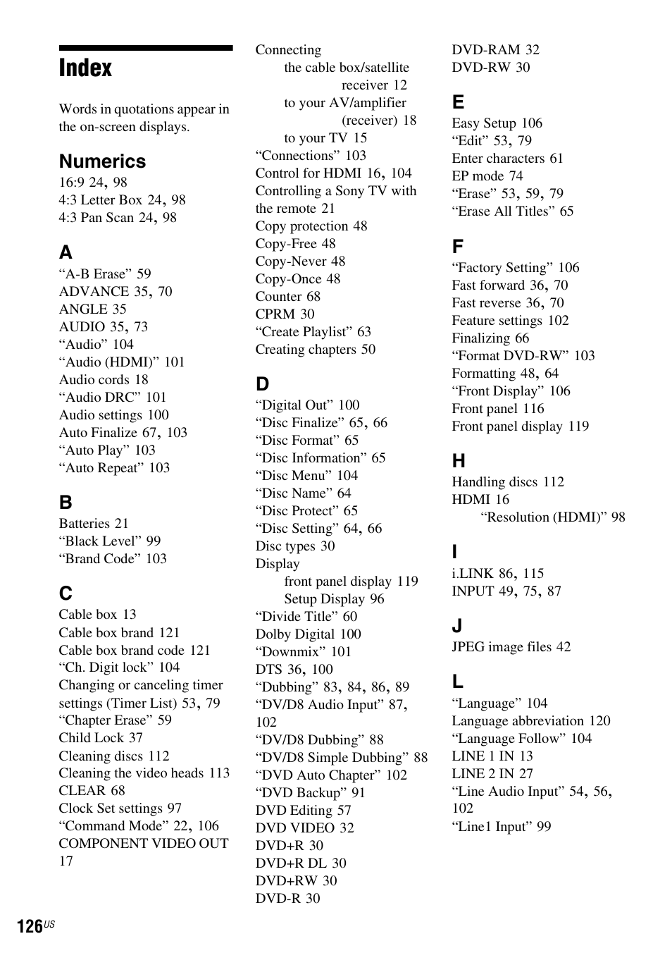 Index, Numerics | Sony RDR-VX535 User Manual | Page 126 / 160