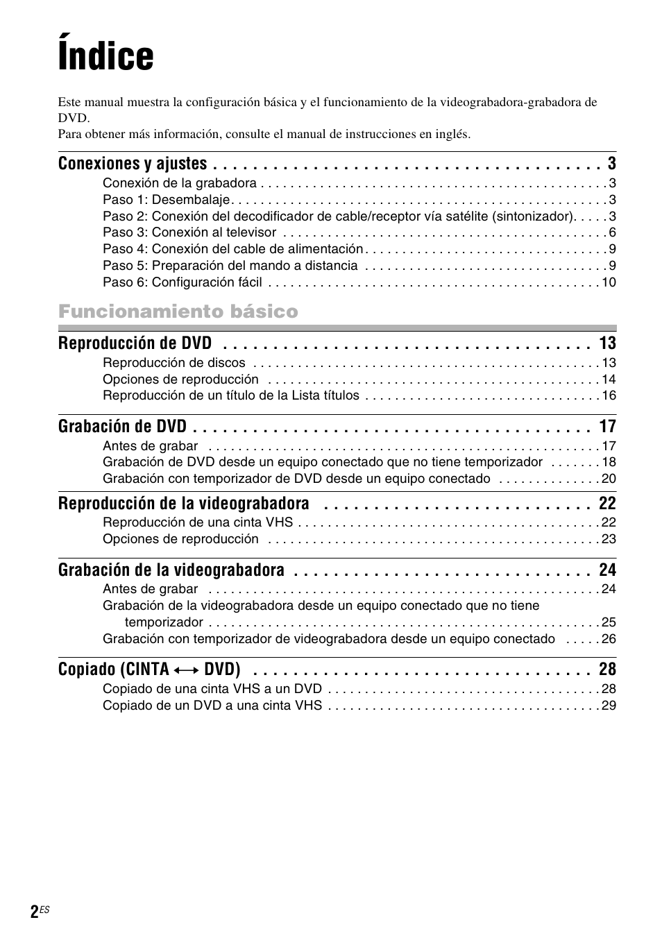 Índice, Funcionamiento básico | Sony RDR-VX535 User Manual | Page 128 / 160