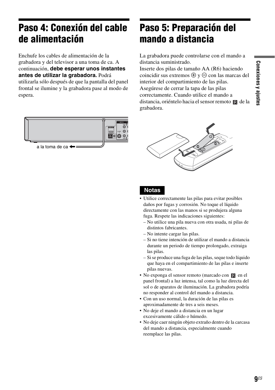 Paso 4: conexión del cable de alimentación, Paso 5: preparación del mando a distancia, Notas | Sony RDR-VX535 User Manual | Page 135 / 160