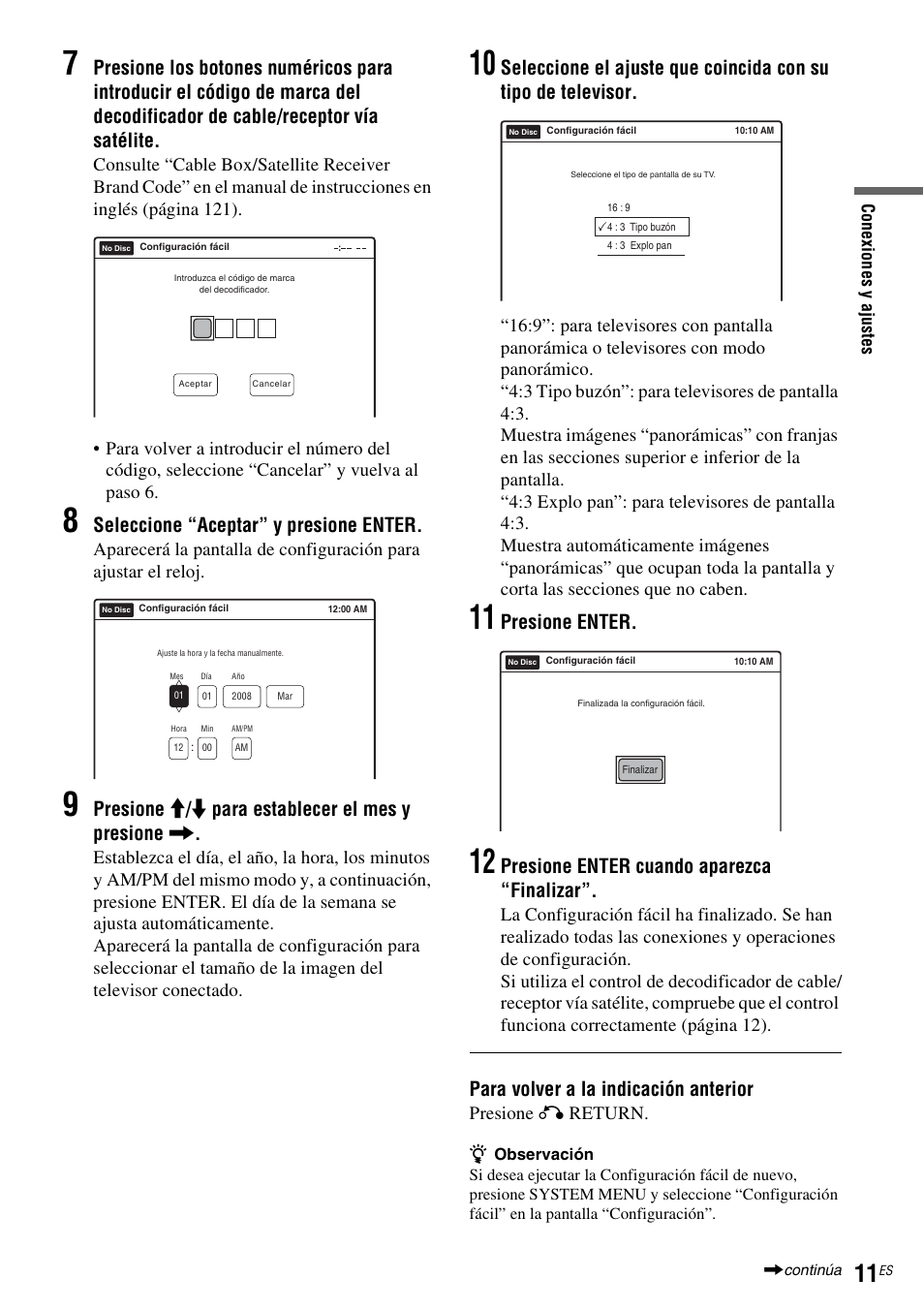 Seleccione “aceptar” y presione enter, Presione m / m para establecer el mes y presione, Presione enter | Presione enter cuando aparezca “finalizar, Para volver a la indicación anterior, Presione o return | Sony RDR-VX535 User Manual | Page 137 / 160